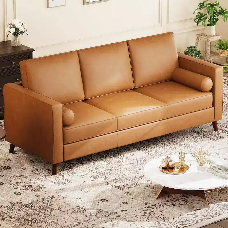 Canapé 3 places en similicuir, style moderne du milieu du siècle, profondeur d'assise, 86 po, pour salon