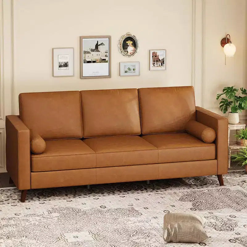 Canapé 3 places en similicuir, style moderne du milieu du siècle, profondeur d'assise, 86 po, pour salon