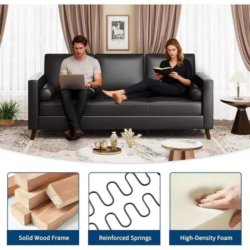 Canapé 3 places en similicuir, style moderne du milieu du siècle, profondeur d'assise, 86 po, pour salon
