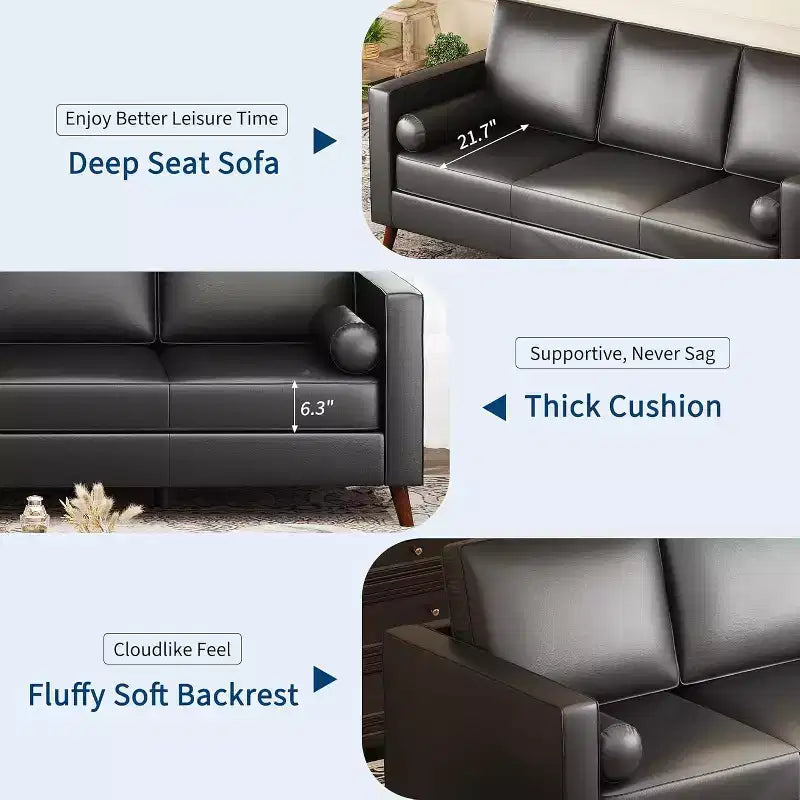 Canapé 3 places en similicuir, style moderne du milieu du siècle, profondeur d'assise, 86 po, pour salon