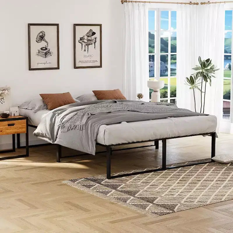 Cadre de lit plateforme en métal pleine grandeur, robuste, rangement de 33 cm sous le lit, sans sommier à ressorts