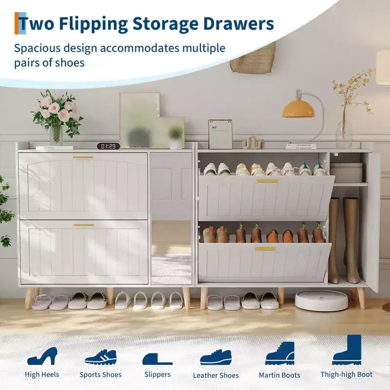 Meuble à chaussures avec 2 tiroirs basculants, meuble à chaussures dissimulé avec miroir, organiseur de rangement de chaussures autoportant pour couloir ou salon