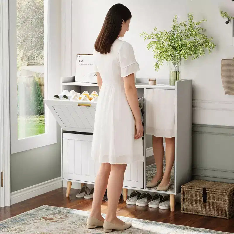 Meuble à chaussures avec 2 tiroirs basculants, meuble à chaussures dissimulé avec miroir, organiseur de rangement de chaussures autoportant pour couloir ou salon