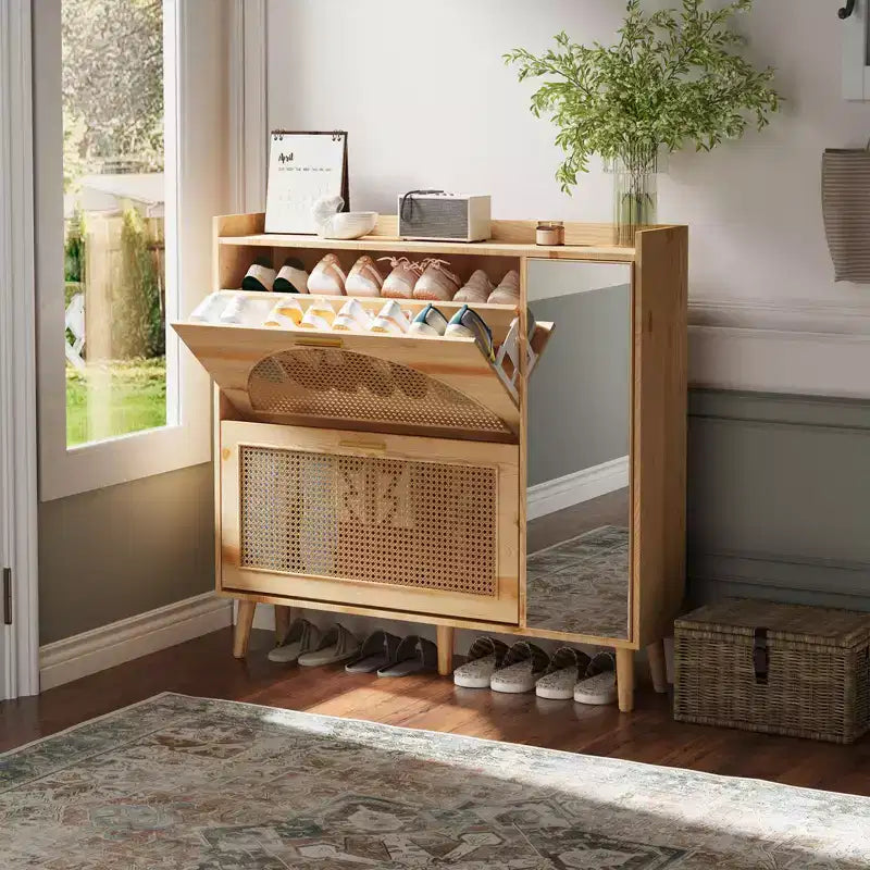 Meuble à chaussures avec 2 tiroirs basculants, meuble à chaussures dissimulé avec miroir, organiseur de rangement de chaussures autoportant pour couloir ou salon