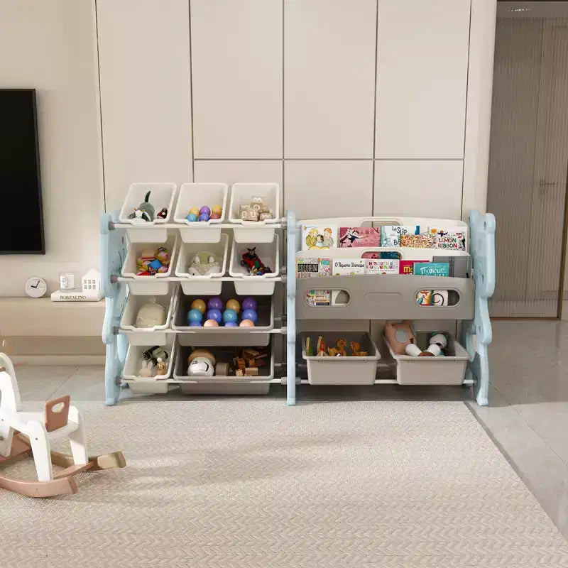 Meuble de rangement pour jouets pour enfants, organisateur de jouets avec étagère à 2 niveaux, rangement de jouets avec étagère et 12 bacs de rangement, étagère et rangement de jouets pour salle de jeux