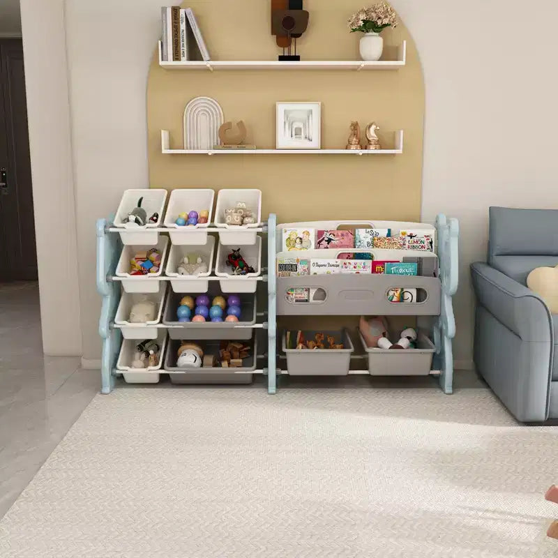 Meuble de rangement pour jouets pour enfants, organisateur de jouets avec étagère à 2 niveaux, rangement de jouets avec étagère et 12 bacs de rangement, étagère et rangement de jouets pour salle de jeux