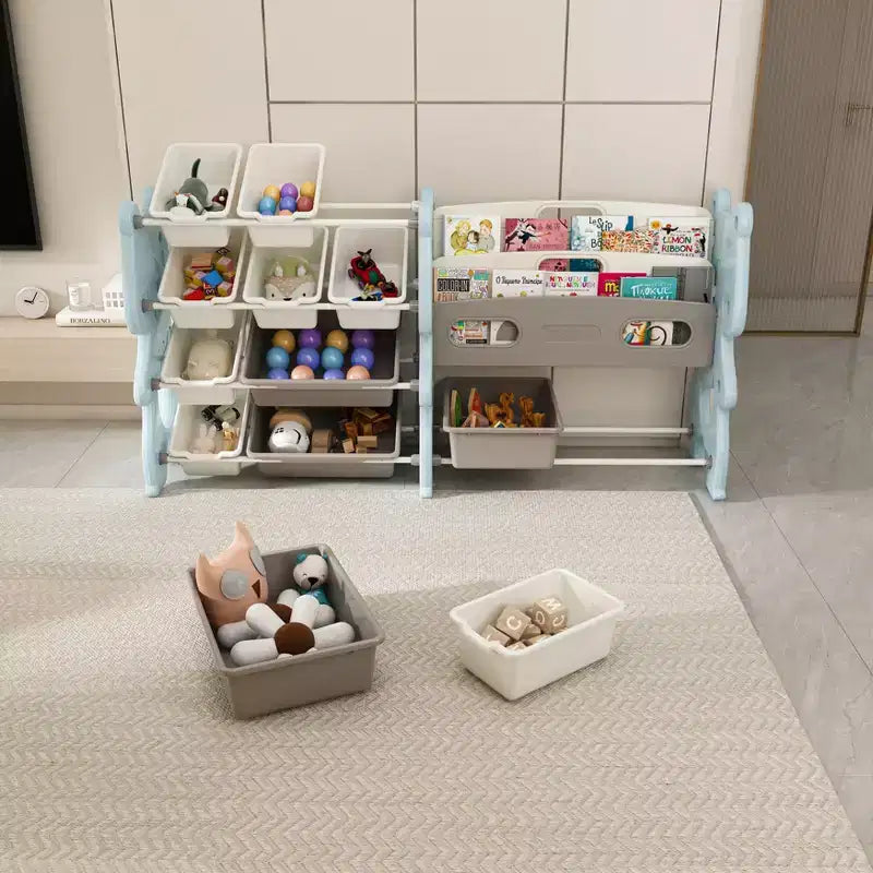 Meuble de rangement pour jouets pour enfants, organisateur de jouets avec étagère à 2 niveaux, rangement de jouets avec étagère et 12 bacs de rangement, étagère et rangement de jouets pour salle de jeux