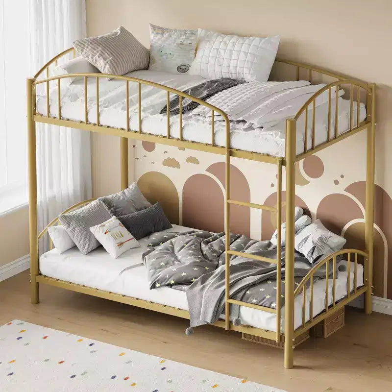 Lit superposé en métal jumeau sur jumeau, cadre de lits superposés robuste avec garde-corps arqué et échelle de sécurité, lit en acier pour enfants, pas besoin de sommier tapissier, rose