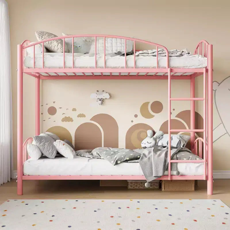 Lit superposé en métal jumeau sur jumeau, cadre de lits superposés robuste avec garde-corps arqué et échelle de sécurité, lit en acier pour enfants, pas besoin de sommier tapissier, rose