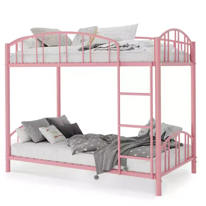 Lit superposé en métal jumeau sur jumeau, cadre de lits superposés robuste avec garde-corps arqué et échelle de sécurité, lit en acier pour enfants, pas besoin de sommier tapissier, rose