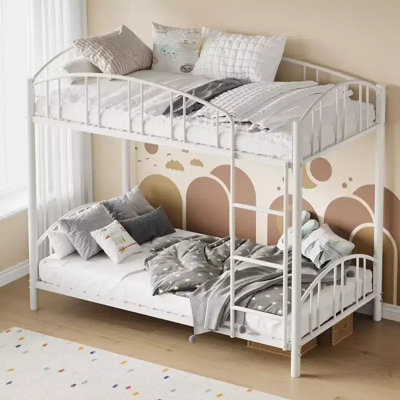 Lit superposé en métal jumeau sur jumeau, cadre de lits superposés robuste avec garde-corps arqué et échelle de sécurité, lit en acier pour enfants, pas besoin de sommier tapissier, rose