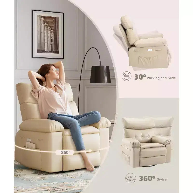 Fauteuil releveur inclinable avec chauffage et massage, siège de 68,5 cm de large, pivotant à 360°, basculeur manuel et télécommande pour salon, personnes âgées et maisons de retraite