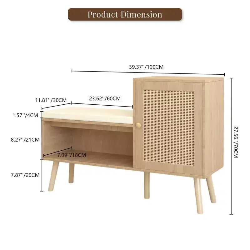 Banc à chaussures d'entrée Boho en rotin PP avec étagère de rangement, porte et coussin amovible