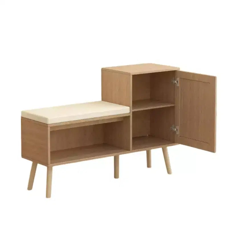 Banc à chaussures d'entrée Boho en rotin PP avec étagère de rangement, porte et coussin amovible