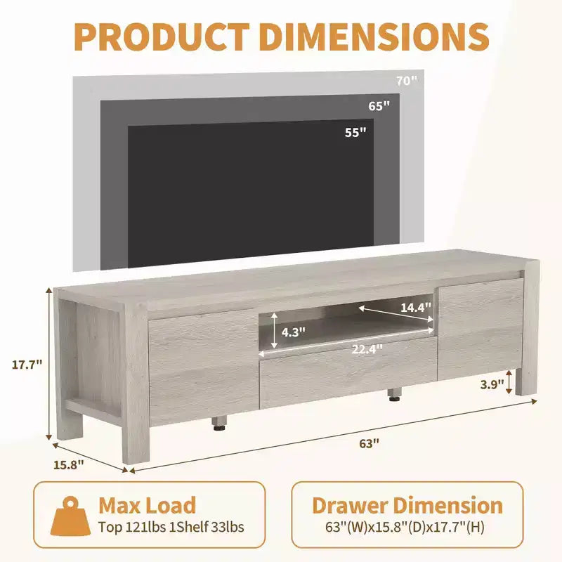 Meuble TV de 63 po avec portes et armoire, meuble de divertissement style ferme, meuble TV pour téléviseurs jusqu'à 70 po, console TV pour salon, chambre à coucher