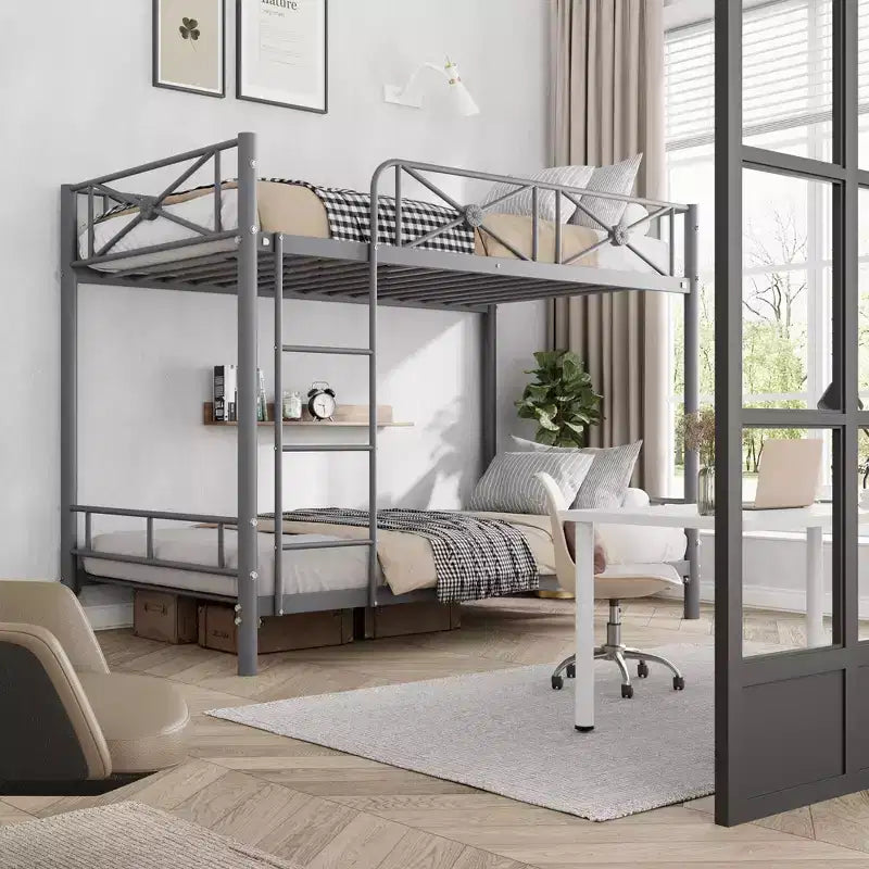 Lit superposé en métal avec motif floral et barrière de sécurité