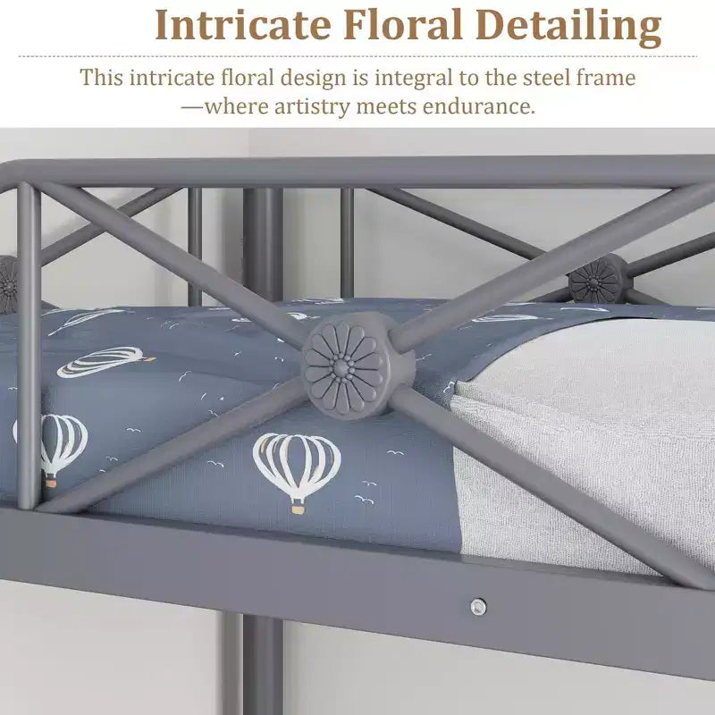Lit superposé en métal avec motif floral et barrière de sécurité