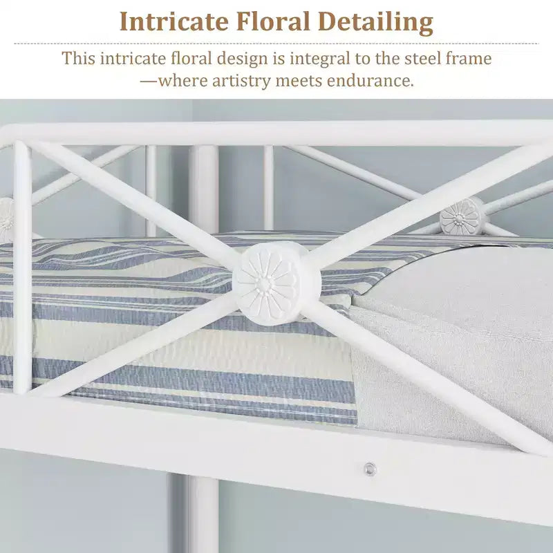 Lit superposé en métal avec motif floral et barrière de sécurité