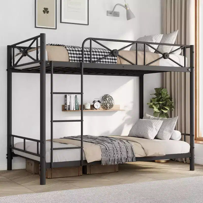 Lit superposé en métal avec motif floral et barrière de sécurité