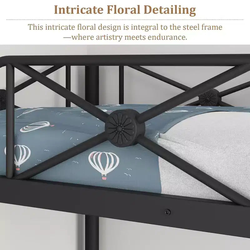Lit superposé en métal avec motif floral et barrière de sécurité