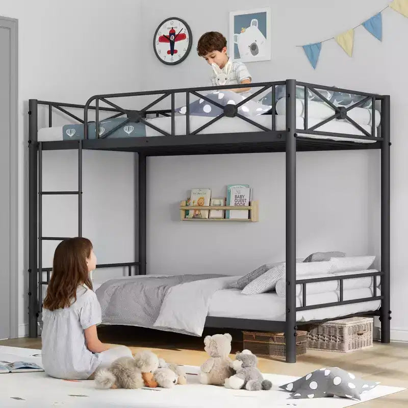Lit superposé en métal avec motif floral et barrière de sécurité