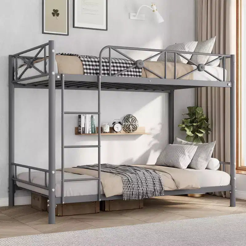 Lit superposé en métal avec motif floral et barrière de sécurité