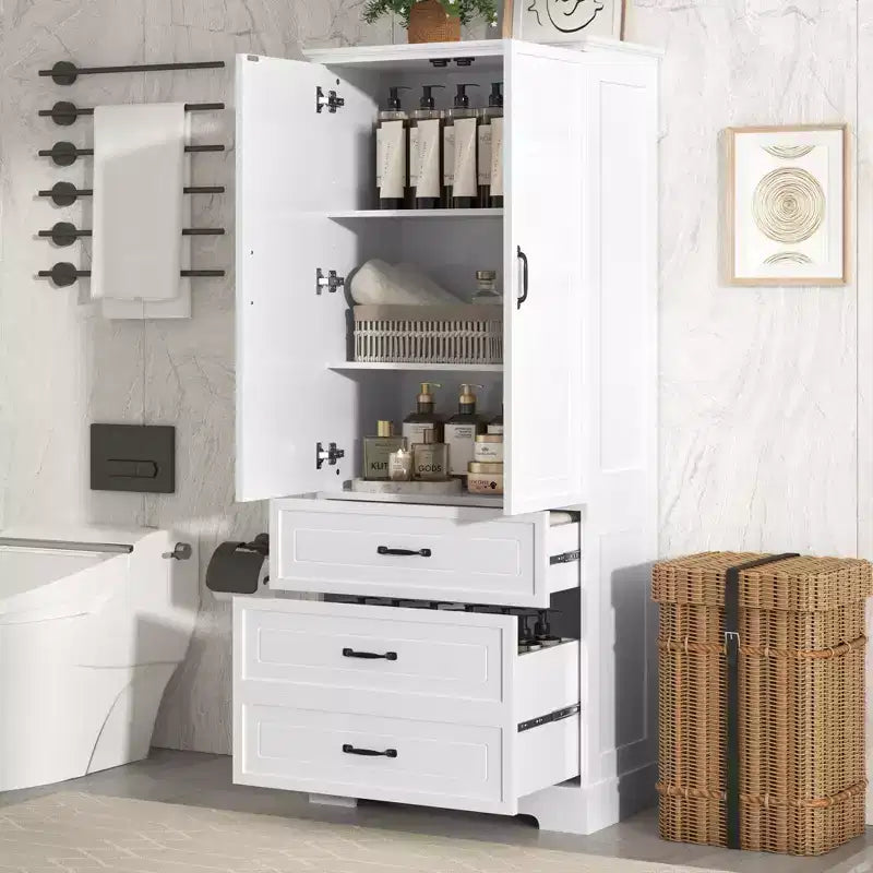 Meuble de rangement haut de salle de bain avec portes doubles, étagère réglable et 2 tiroirs, hauteur 175 cm