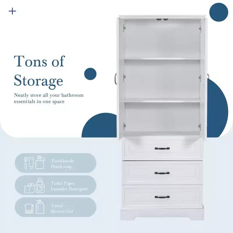 Meuble de rangement haut de salle de bain avec portes doubles, étagère réglable et 2 tiroirs, hauteur 175 cm