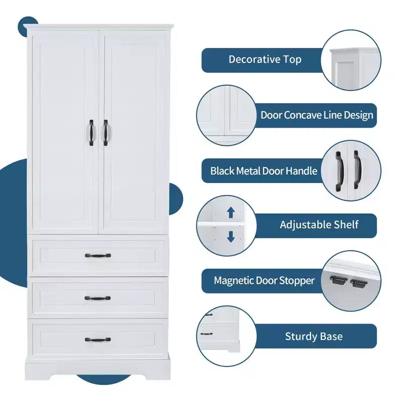 Meuble de rangement haut de salle de bain avec portes doubles, étagère réglable et 2 tiroirs, hauteur 175 cm