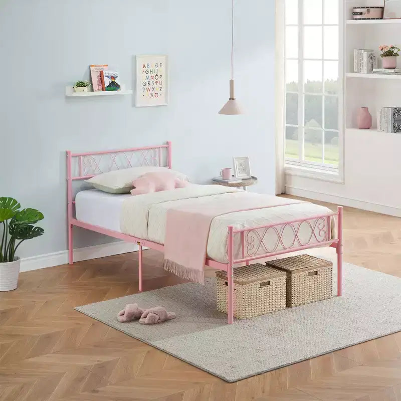 Cadre de lit double en métal, cadre de lit plateforme, sommier avec tête et pied de lit, aucun sommier tapissier requis, assemblage facile, rose
