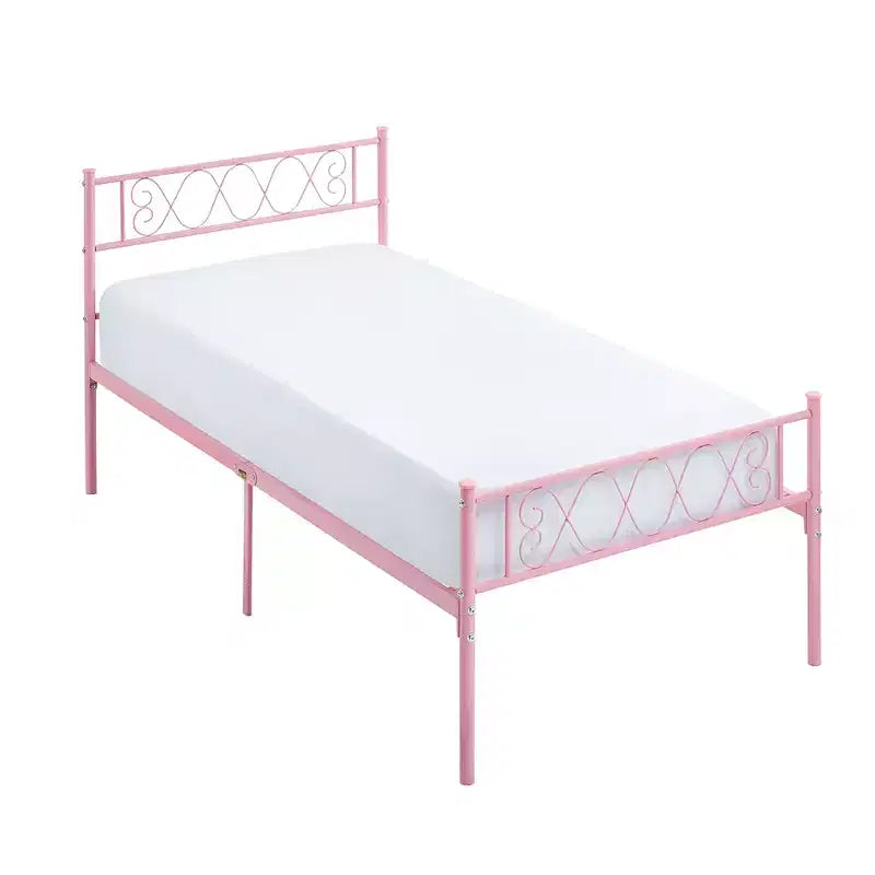 Cadre de lit double en métal, cadre de lit plateforme, sommier avec tête et pied de lit, aucun sommier tapissier requis, assemblage facile, rose