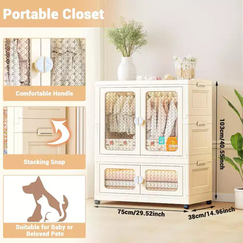 Armoire de rangement à 2 niveaux avec portes transparentes et bacs roulants, pliable