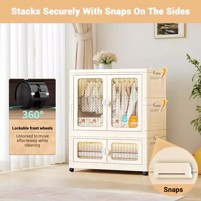 Armoire de rangement à 2 niveaux avec portes transparentes et bacs roulants, pliable