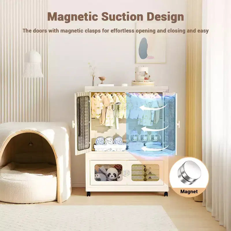 Armoire de rangement à 2 niveaux avec portes transparentes et bacs roulants, pliable