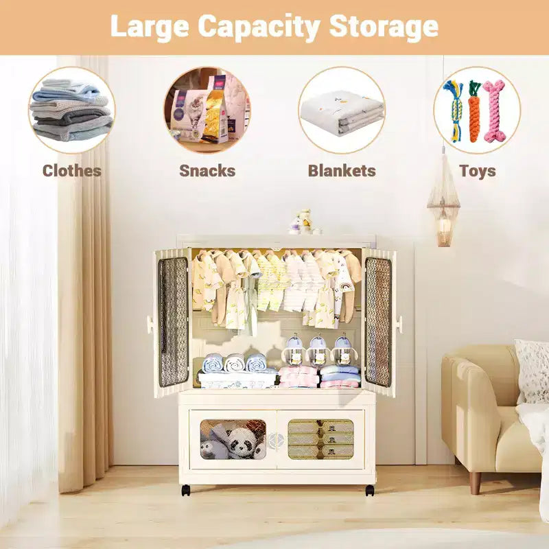 Armoire de rangement à 2 niveaux avec portes transparentes et bacs roulants, pliable