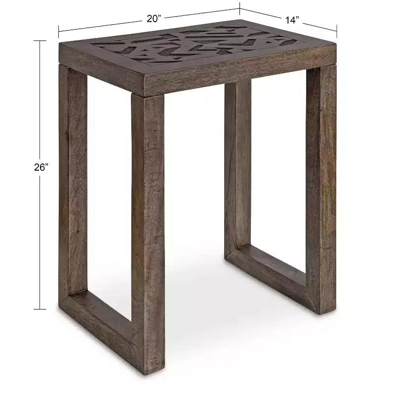 Table d'appoint bohème chic en manguier massif gravé, 20x14x26, finition gris délavé