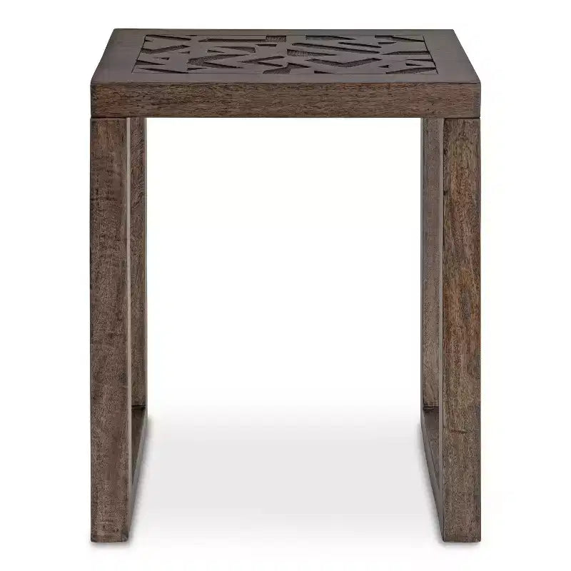 Table d'appoint bohème chic en manguier massif gravé, 20x14x26, finition gris délavé