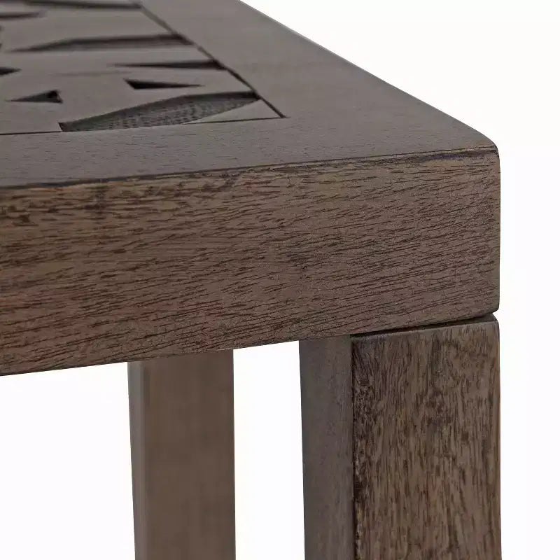 Table d'appoint bohème chic en manguier massif gravé, 20x14x26, finition gris délavé