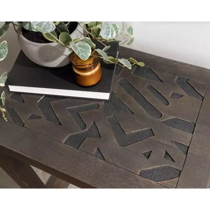 Table d'appoint bohème chic en manguier massif gravé, 20x14x26, finition gris délavé