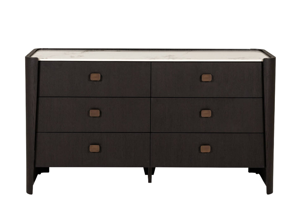 Commode à 6 tiroirs en bois brun foncé avec plateau en pierre frittée
