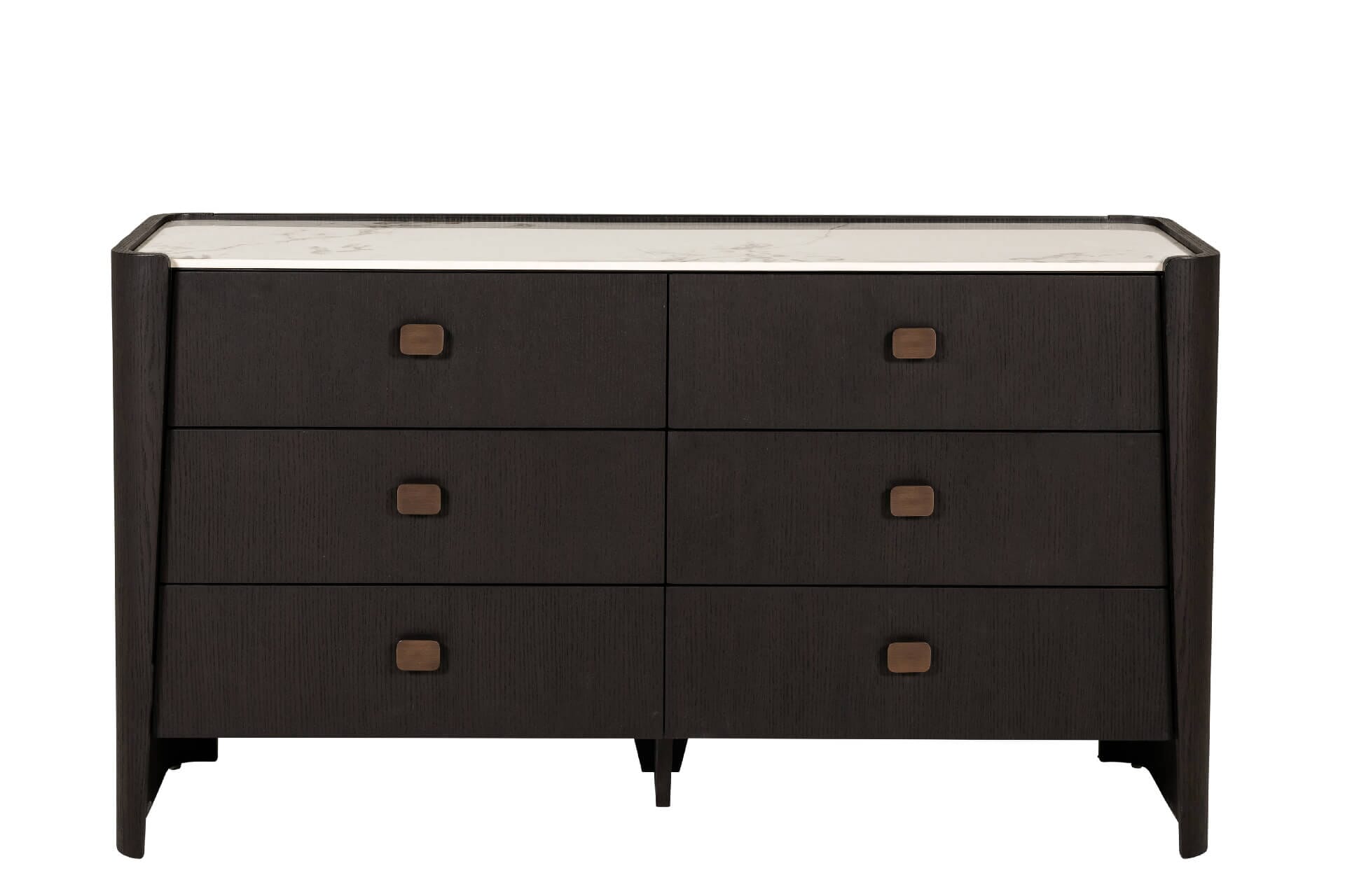 Commode à 6 tiroirs en bois brun foncé avec plateau en pierre frittée