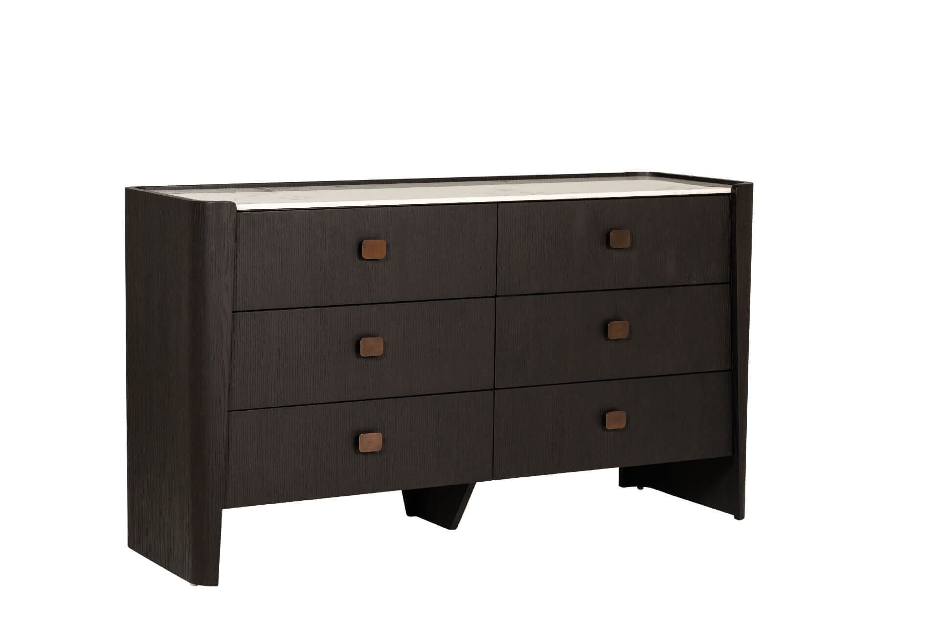 Commode à 6 tiroirs en bois brun foncé avec plateau en pierre frittée