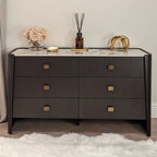 Commode à 6 tiroirs en bois brun foncé avec plateau en pierre frittée