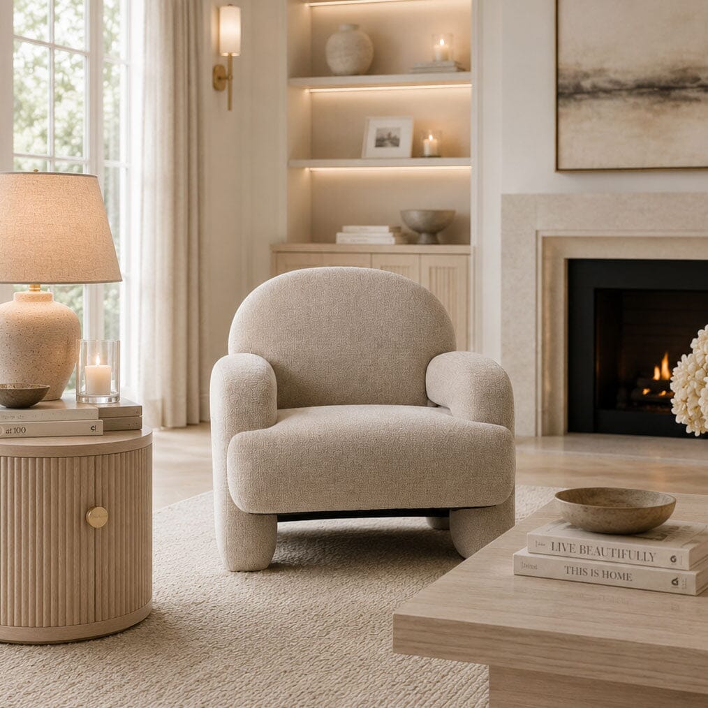 Fauteuil d'appoint dossier incurvé texturé tissé beige