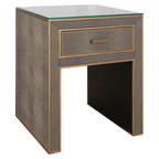 Table de chevet à 1 tiroir effet galuchat avec plateau en verre et garniture dorée