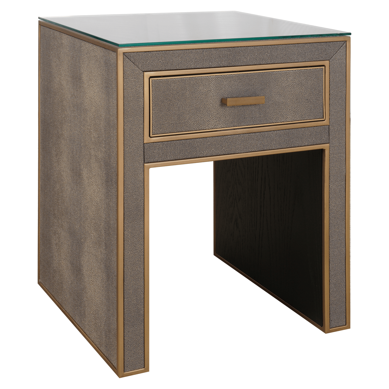 Table de chevet à 1 tiroir effet galuchat avec plateau en verre et garniture dorée