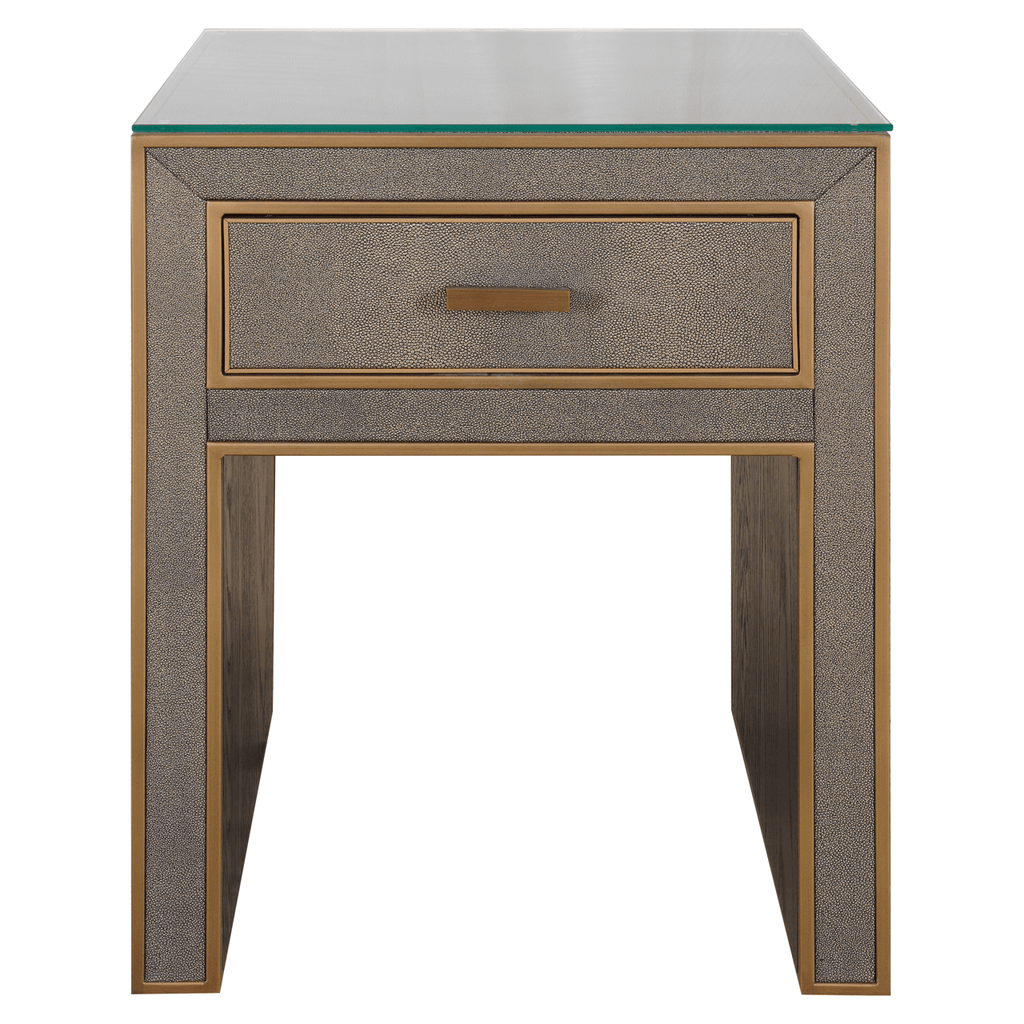 Table de chevet à 1 tiroir effet galuchat avec plateau en verre et garniture dorée