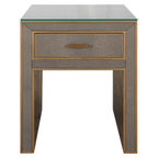 Table de chevet à 1 tiroir effet galuchat avec plateau en verre et garniture dorée