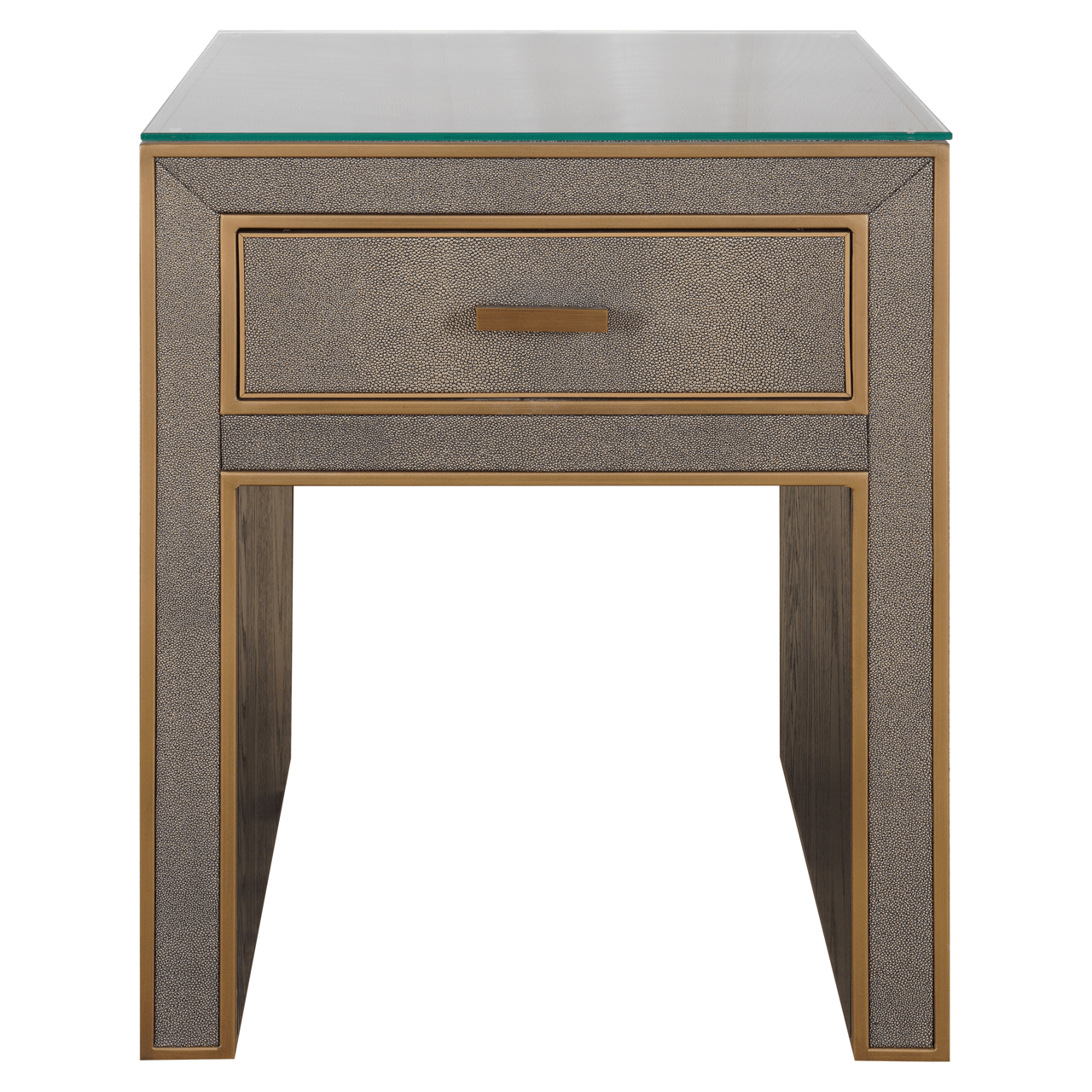 Table de chevet à 1 tiroir effet galuchat avec plateau en verre et garniture dorée