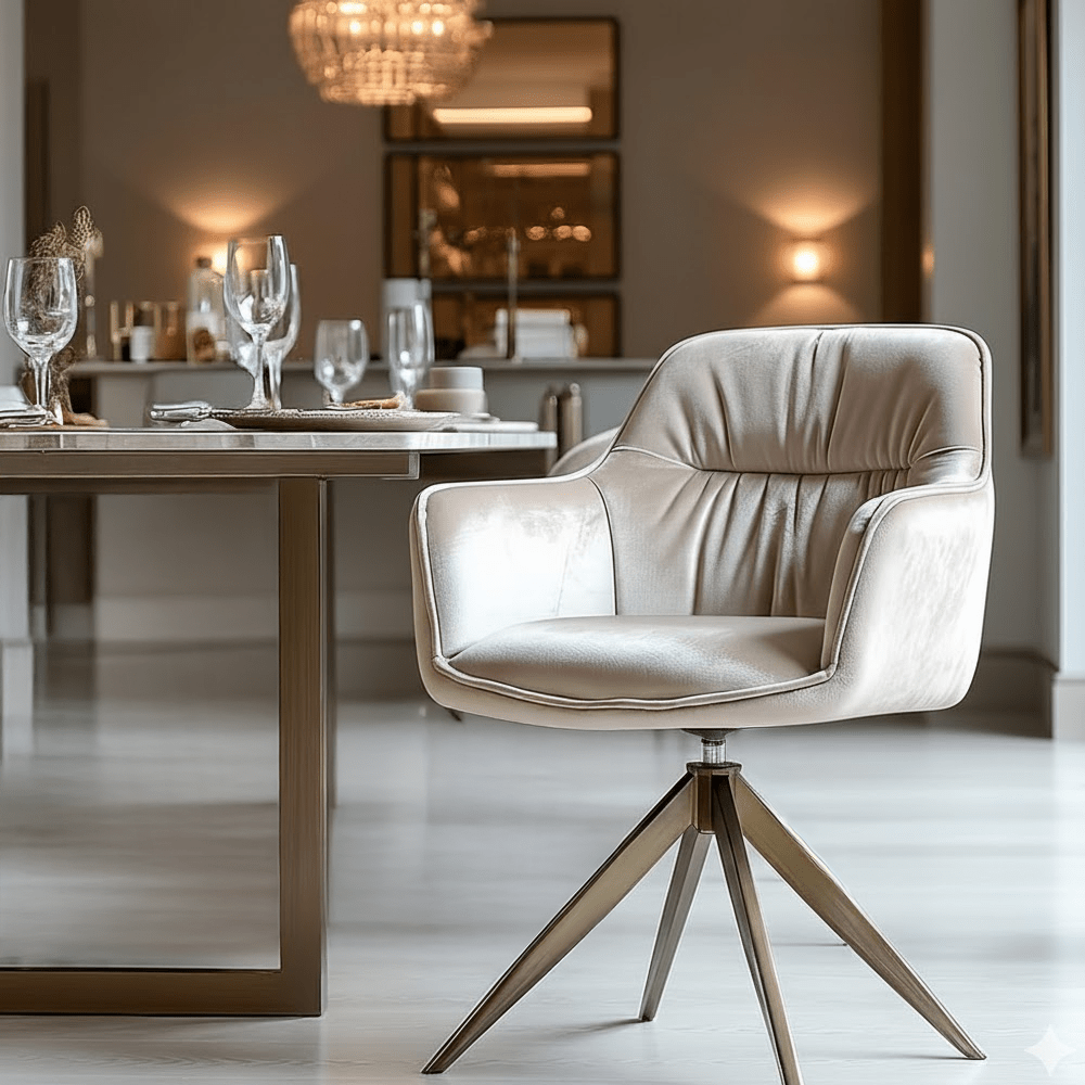 Chaise de salle à manger pivotante en velours beige avec piètement en laiton